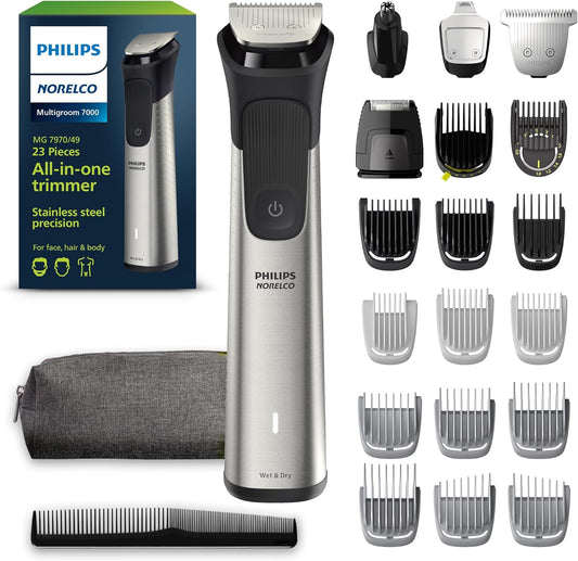 Philips Norelco Multigroom 7000 Series, recortadora todo en uno, recortadora de barba y cortadora de pelo, kit de aseo para hombre, 23 piezas para barba, cara, nariz, oído, cuerpo
